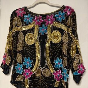 Sequined embellished Black Top with Floral Accents